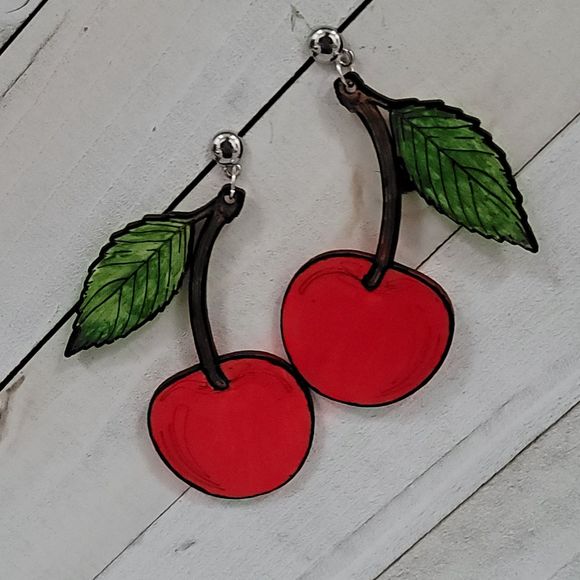 Large Red Cherry Earrings - Picture 4 of 6